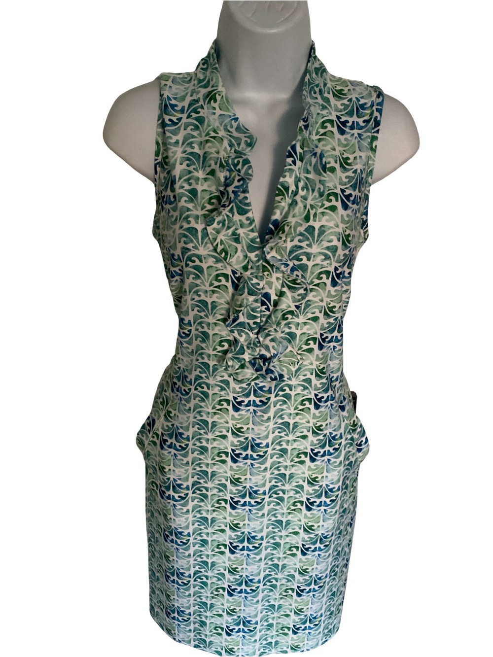 Tee 2  Sea Sleeveless Ruffle V-Neck Patterned Dress in Blue-Green-S